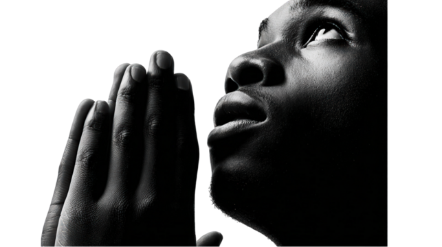 A soulful black and white portrait of a young person praying isolated on transparent background.