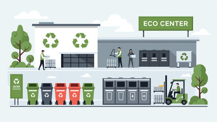 Efficient eco center with people recycling materials for a cleaner planet and sustainable future, showcasing environmental responsibility