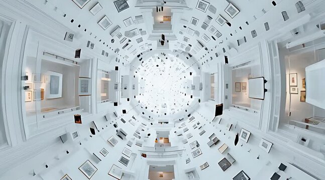 Abstract surreal 360 degree tiny planet tunnel view of a white art gallery interior with visitors and framed artwork