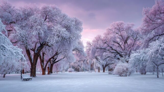Fototapeta Winter wonderland scene in a snowy park during twilight with pastel sky and frosted trees