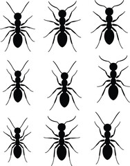 Black ant silhouette vector collection, detailed insect design set for pest control, nature, wildlife, biology, and minimal graphic illustration concept