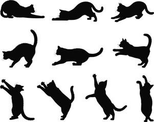 Black cat silhouette vector collection, playful feline movement poses illustration, domestic pet art design set, cute animal shapes for creative decoration and artwork
