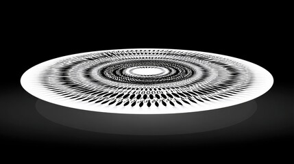 An abstract design featuring a circular pattern in black and white, set against a dark background.