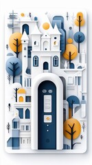 An abstract illustration of a cityscape with a central door, featuring stylized buildings, trees, and a bright, flat design.