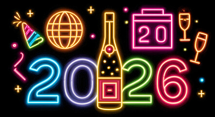 Set of glowing neon icons for a New Year's Eve 2026 celebration, featuring party elements like a disco ball, champagne, and a countdown clock