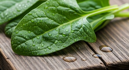 Fresh Green Spinach Leaf Close-Up Detailed Veins Water Droplets on Leaf Surface Healthy Eating Ingredient Nutrition Rich Vegetable Plant Texture Wooden Background