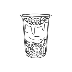 Thin Line Illustration of Es Pisang Ijo, a traditional Makassar dessert in a clear glass.