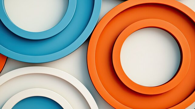 Close-up of a modern abstract composition featuring overlapping colorful circles in blue, orange, and white against a white background.