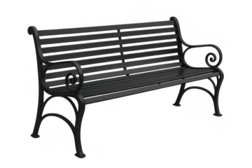 Black metal park bench with ornate armrests on transparent background, ideal for outdoor leisure or garden design