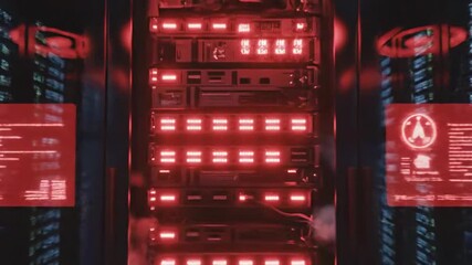 Digital server room with glowing red lights and data racks - Powered by Adobe