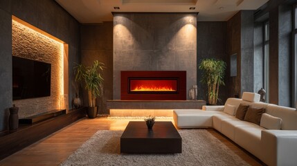 Naklejka premium Modern living room with sleek design featuring a cozy fireplace and stylish furniture in a well-lit space