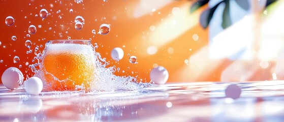 A glass of orange drink with splashing water and bubbles, set against a sunny, orange background. Some white spheres are scattered around.