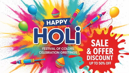 Vector illustration of colorful Happy Holi Advertisement Promotional backgroundd for Festival of Colors celebration greetings and sale, offer discount seven