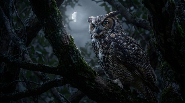 Great horned owl perches on a moss-covered branch at night with a full moon and starry sky in background - Powered by Adobe