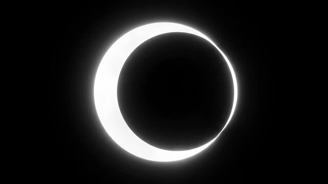 Abstract animation depicting a solar eclipse. A bright white celestial body is gradually obscured by a dark shadow, creating a glowing crescent shape against a black void.