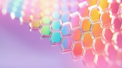 Close-up of a colorful, abstract honeycomb pattern with a gradient of colors and soft lighting.