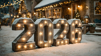 A cozy winter holiday scene featuring large illuminated numbers “2026” made of rustic wood with glowing bulbs, lightly covered in fresh snow.