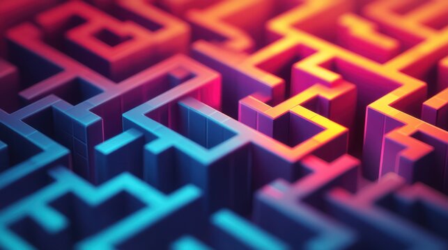 Abstract maze, colorful geometric shapes, intricate design, digital art, potential use in tech or design