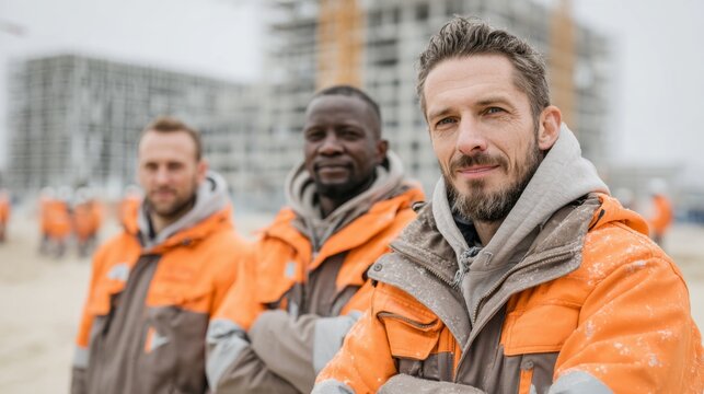 Construction team poses for a group photo at a busy job site during winter season with snow on the ground