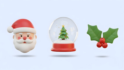 Collection of festive 3D Christmas icons featuring a Santa Claus head, a winter snow globe with a tree, and traditional holly leaves