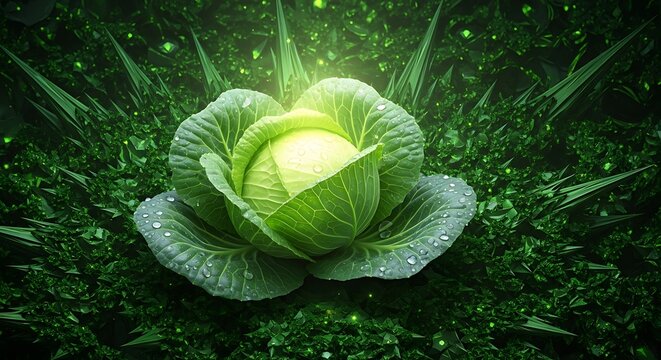 A cabbage with water droplets on its leaves in a green spiky field - Powered by Adobe