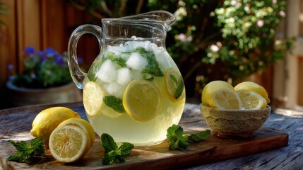 Refreshing lemonade with fresh lemons and mint displayed on a wooden table in a sunny garden setting