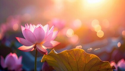 Close-up of a beautiful pink lotus flower in full bloom, with a blurred background of other flowers and sunlight.