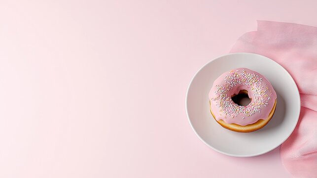 A single pink frosted donut with sprinkles sits on a white plate, with a pink cloth on a pink background. High-angle shot.