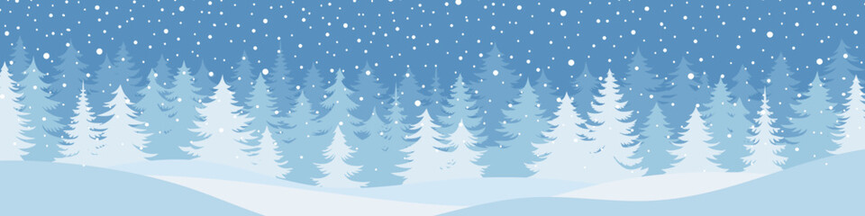 Winter minimalistic landscape, forest and snowfall, vector illustration