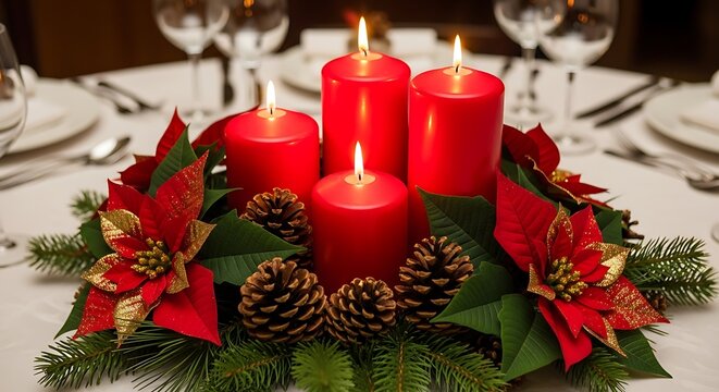 Red candles surrounded by poinsettias and pine cones on a table set