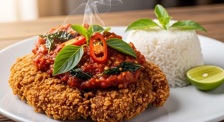 Crispy Fried Chicken with Spicy Chili Sauce and Steamed Rice on a White Plate.