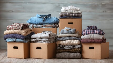 Neatly folded clothes stacked in boxes ready for storage or donation in a cozy indoor space