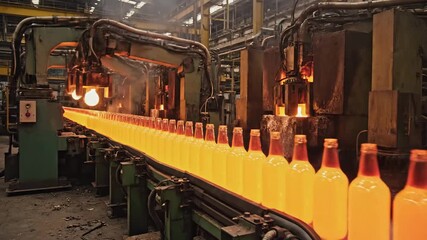 Industrial metal forging process with glowing hot material moving on conveyor belt in a factory