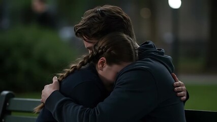 Heartwarming embrace: A couple finds solace in a tender hug on a park bench creating a powerful