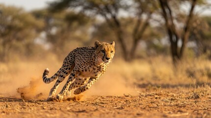 Cheetah running across savanna during golden hour