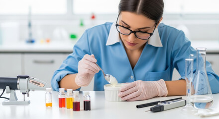 Focused female food scientist testing yogurt quality in modern laboratory, analyzing texture and color samples with precise instruments for dairy product development