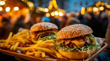 Delicious burger and fries served at a festive market during the evening hours with bright lights and a bustling crowd