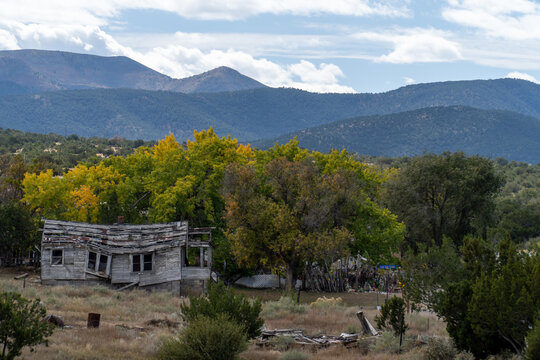 Autumn Trees, Abandoned House and Mountains, Turquoise Trail National Scenic Byway, New Mexico