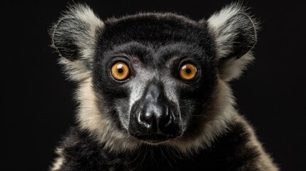 Obraz premium Endangered black and white lemur with striking orange eyes poses against a dark background