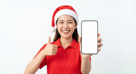 Young woman in a Santa hat with a white screen smartphone