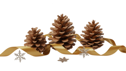 Golden pine cones and shimmering ribbon with snowflakes create a festive and elegant christmas decoration arrangement