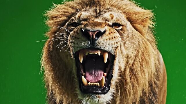 Majestic male lion roaring on a vibrant green screen background showing its powerful jaw and sharp teeth in a close-up studio shot with dramatic