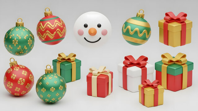 A delightful collection of festive 3D Christmas ornaments, shimmering gift boxes, and a cute snowman character, perfect for holiday decorations and cheerful seasonal designs