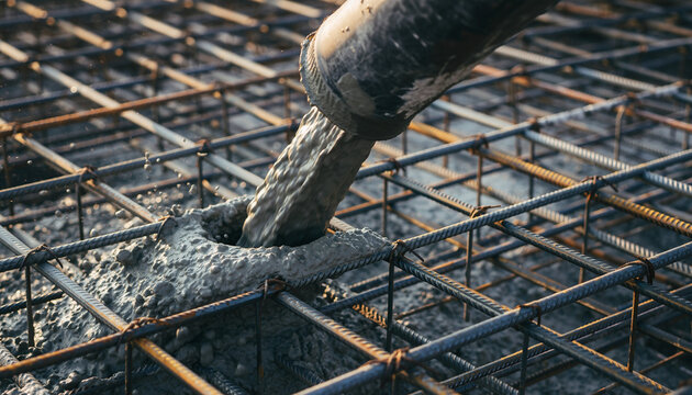 Close-up shot shows concrete being poured into a metal rebar grid, constructing a strong foundation for a new building project.