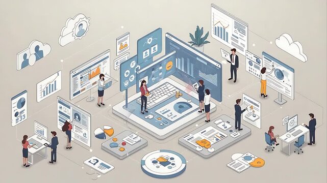 Isometric illustration of business team working on data analysis and cloud computing technology,