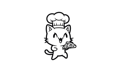 Adorable black and white cartoon cat chef character holding a slice of pizza.