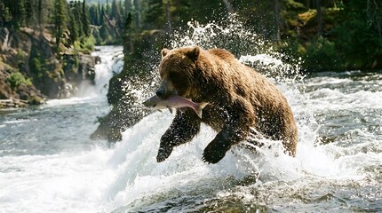 Brown bear catching salmon in mid air during a jump in river with waterfall in background