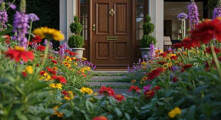 A beautiful garden path leads to a stately home, filled with vibrant flowers and green foliage.
