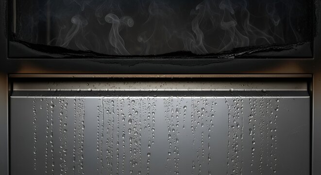 A close-up of a metallic surface covered in water droplets, with smoke visible in the background.