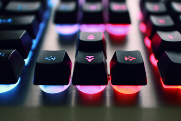RGB Gaming Keyboard Keys Illuminated with Colorful Backlight Close-Up of Gaming Keyboard with Vibrant LED Lighting